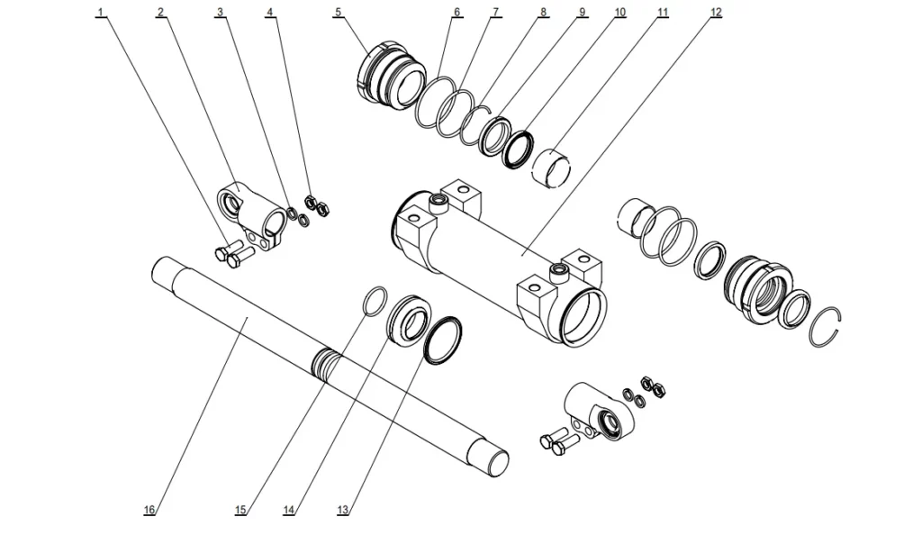 Forklift steering hydraulic cylinder exploded parts diagram showing all 16 components