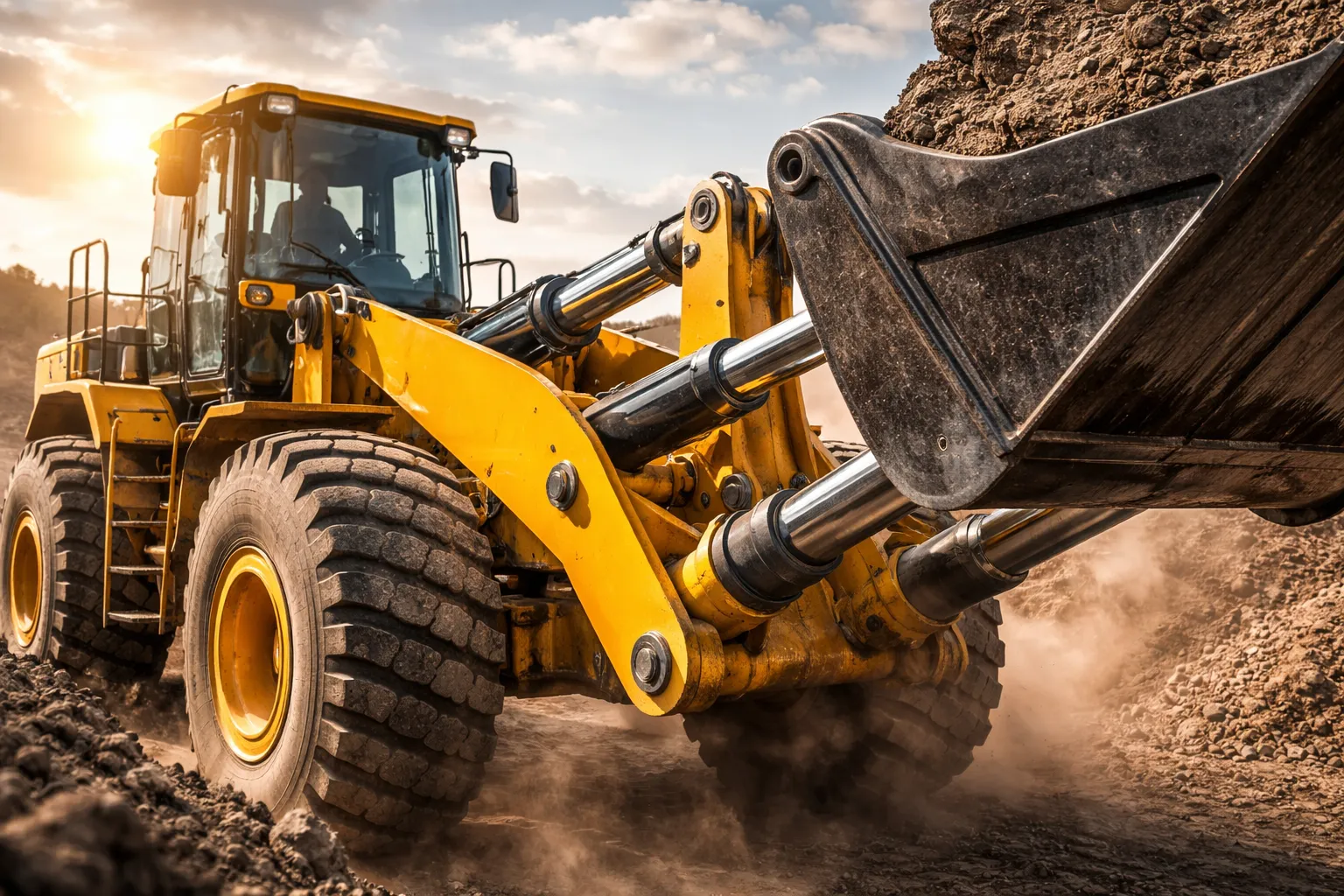 Hydraulic cylinder installed on wheel loader for bucket tilt and boom lift functions