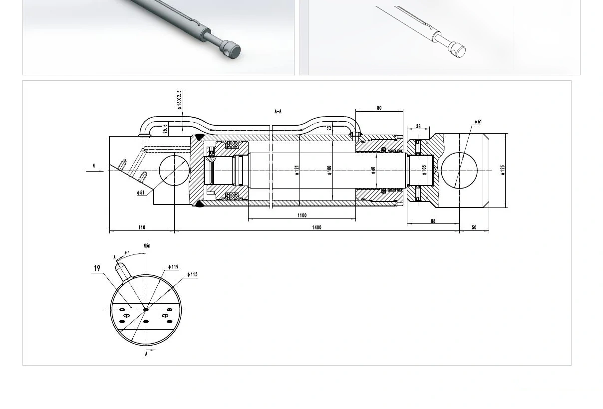 Refuse Truck Forward Thrust Cylinder | EP-HCYY11112034 Model Dimension Drawing